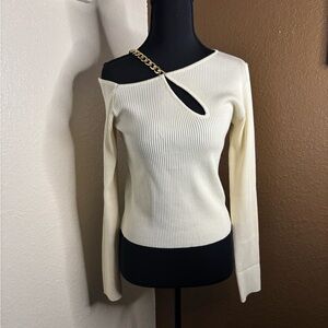 Cream Ribbed Sweater with Chain Detail